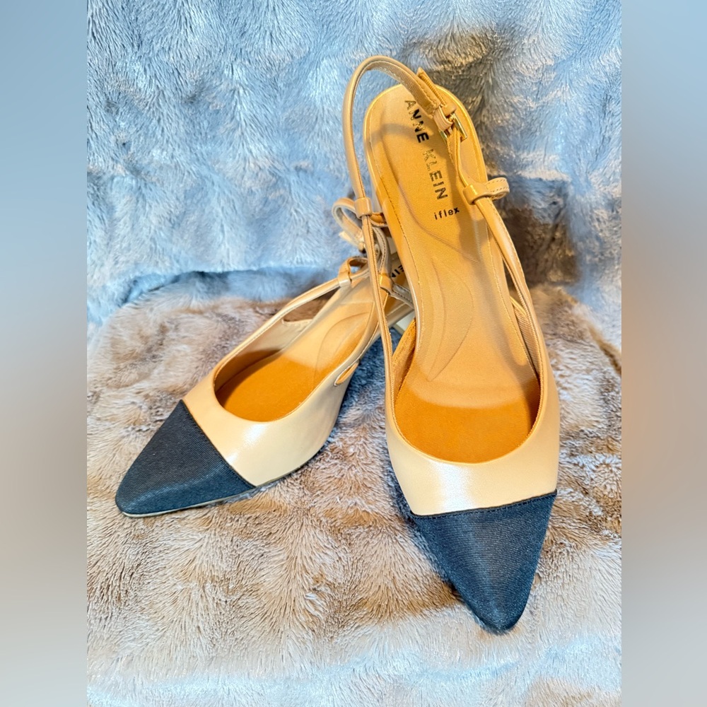 Anne Klein Nude and Black Heels with Slingback Design and Pointed Toe